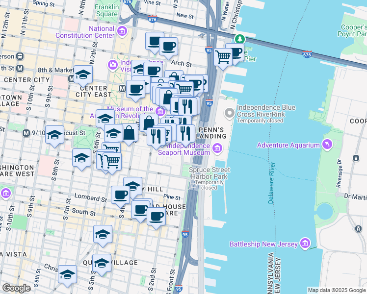 map of restaurants, bars, coffee shops, grocery stores, and more near 285 Saint James Place in Philadelphia