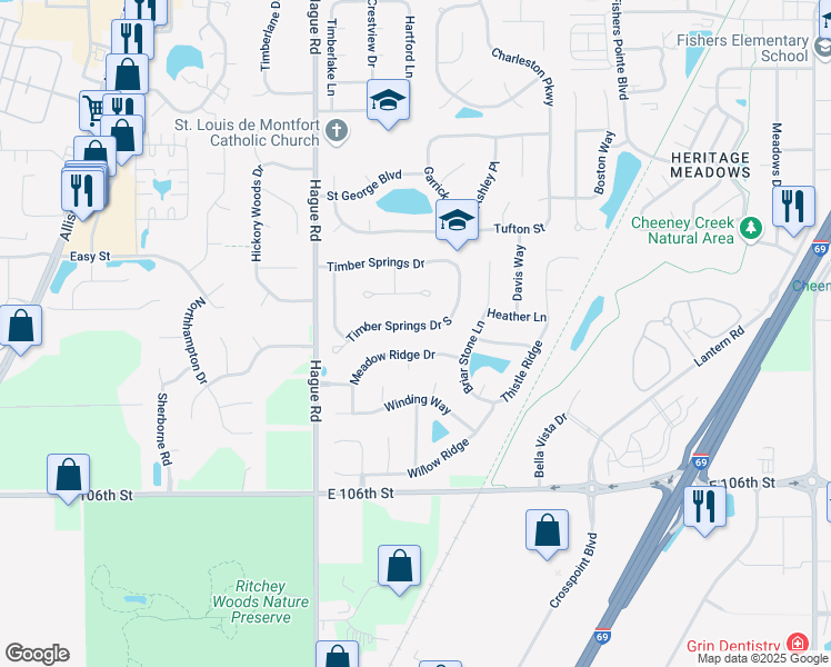 map of restaurants, bars, coffee shops, grocery stores, and more near 7609 Timber Springs Drive South in Fishers