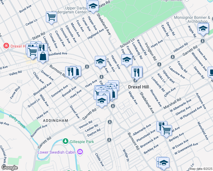 map of restaurants, bars, coffee shops, grocery stores, and more near 3647 Rosemont Avenue in Drexel Hill