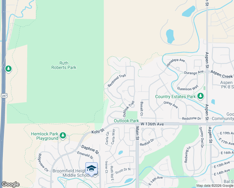 map of restaurants, bars, coffee shops, grocery stores, and more near 229 Summit Trail in Broomfield