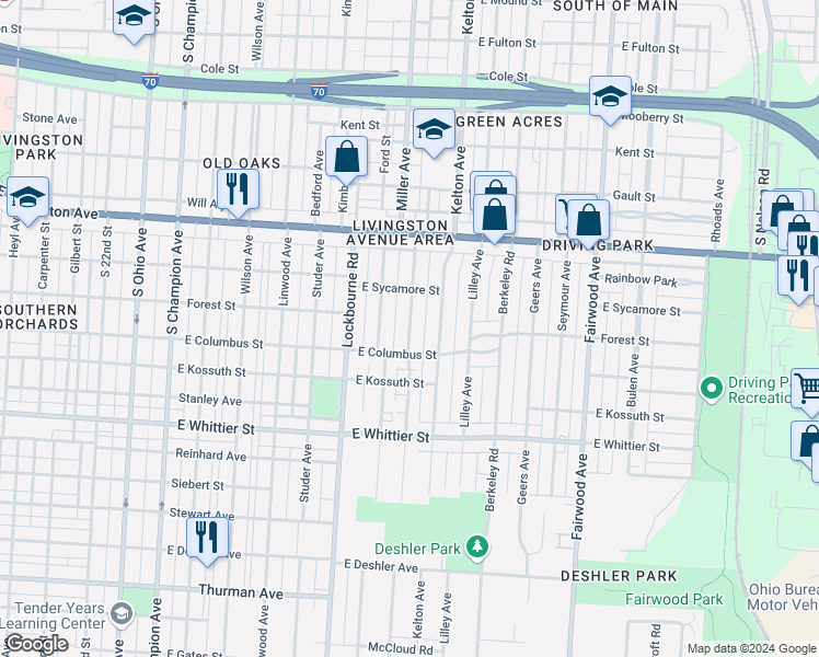 map of restaurants, bars, coffee shops, grocery stores, and more near 976 Ellsworth Avenue in Columbus