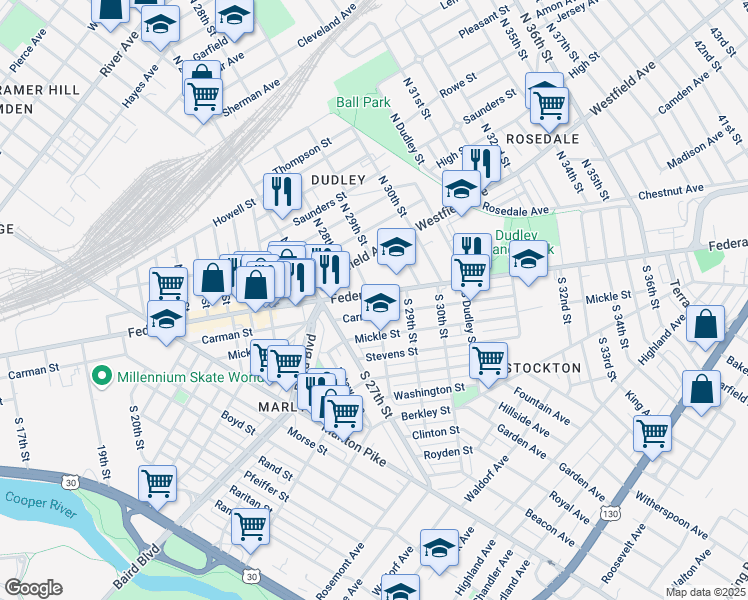 map of restaurants, bars, coffee shops, grocery stores, and more near 2804 Federal Street in Camden