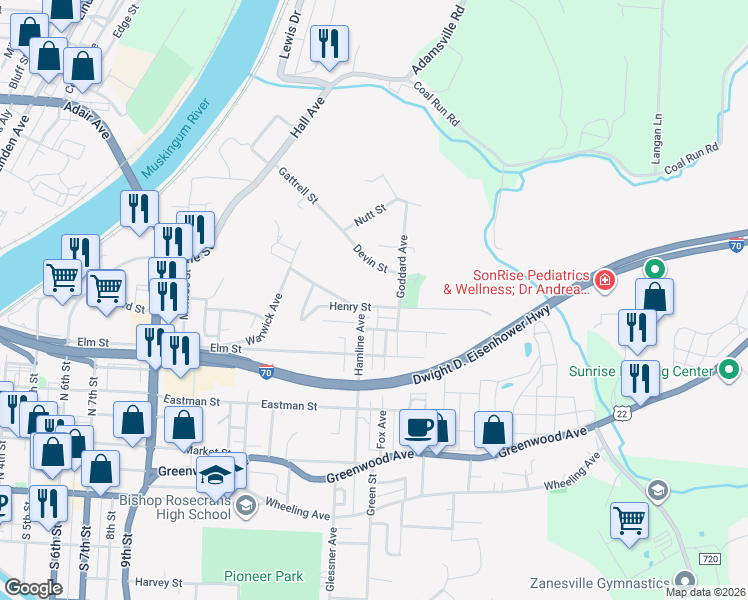 map of restaurants, bars, coffee shops, grocery stores, and more near 1281 Henry Street in Zanesville