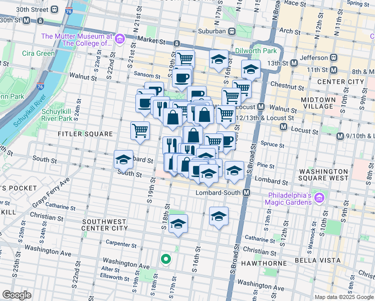 map of restaurants, bars, coffee shops, grocery stores, and more near 1721 Pine Street in Philadelphia