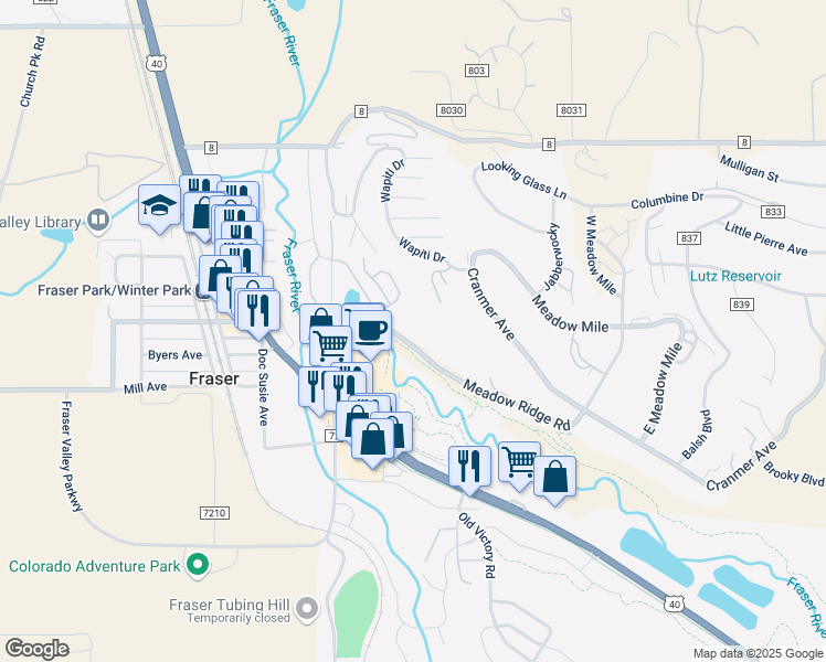 map of restaurants, bars, coffee shops, grocery stores, and more near 261 Meadow Ridge Road in Fraser