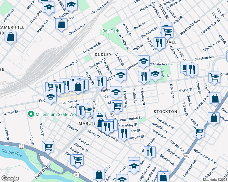 map of restaurants, bars, coffee shops, grocery stores, and more near 2804 Federal Street in Camden