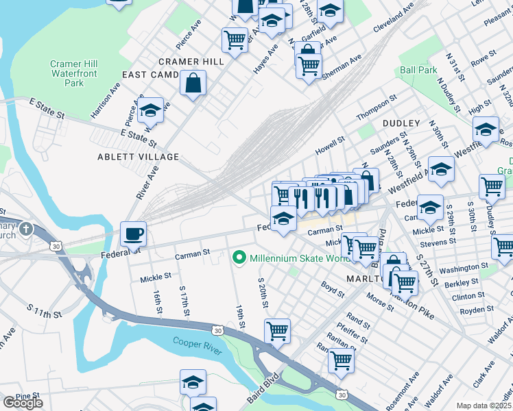map of restaurants, bars, coffee shops, grocery stores, and more near 65 Stewart Street in Camden