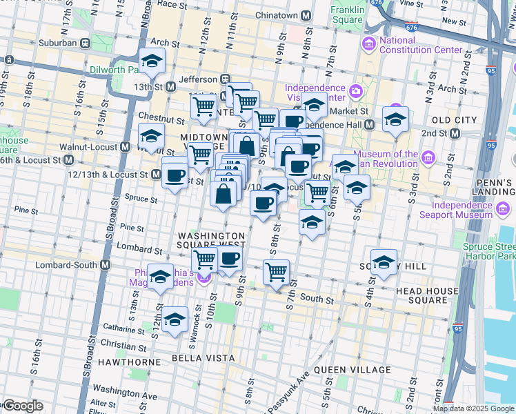 map of restaurants, bars, coffee shops, grocery stores, and more near in Philadelphia