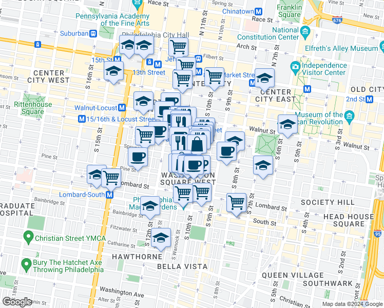 map of restaurants, bars, coffee shops, grocery stores, and more near 1029 Spruce Street in Philadelphia