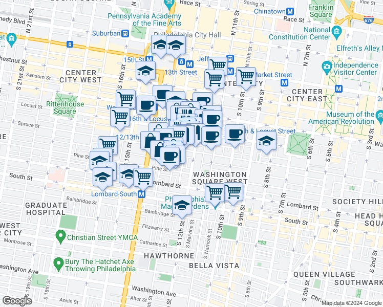 map of restaurants, bars, coffee shops, grocery stores, and more near 1220 Spruce Street in Philadelphia