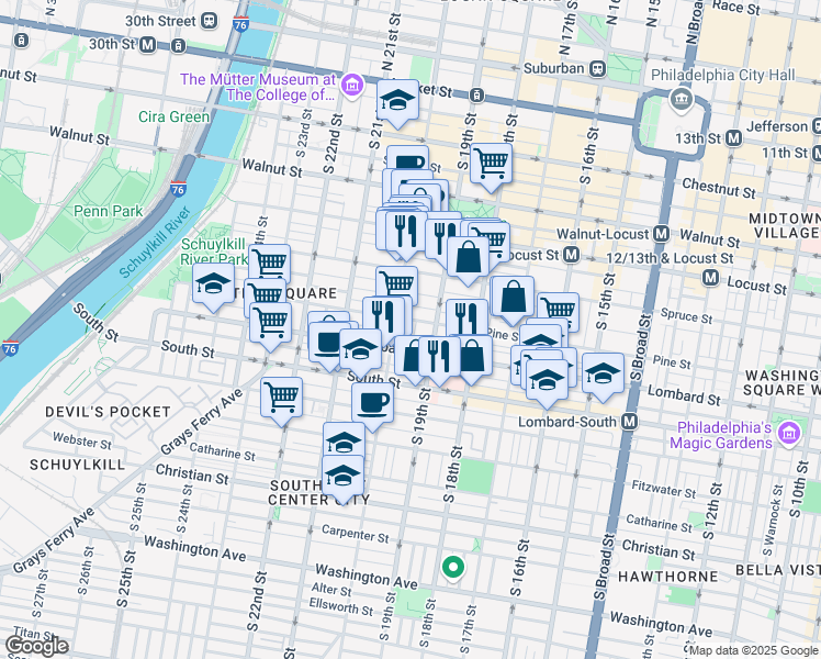 map of restaurants, bars, coffee shops, grocery stores, and more near 1920 Pine Street in Philadelphia