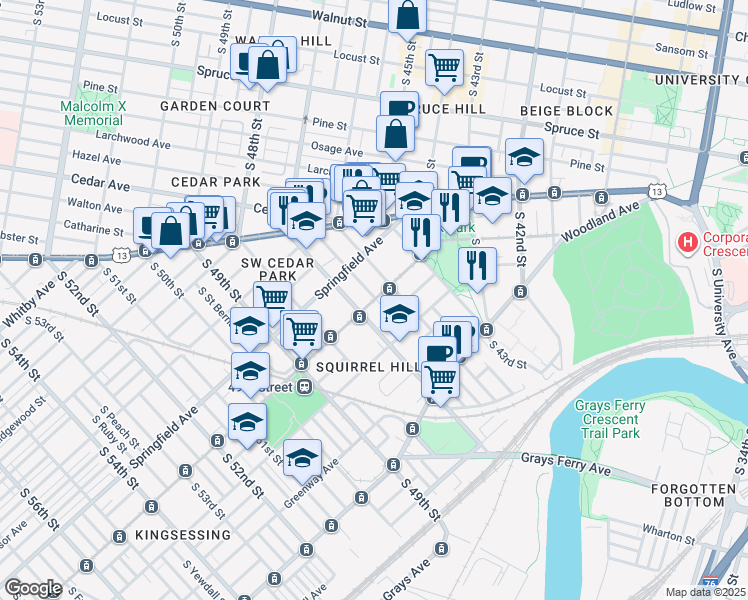 map of restaurants, bars, coffee shops, grocery stores, and more near 4610 Chester Avenue in Philadelphia