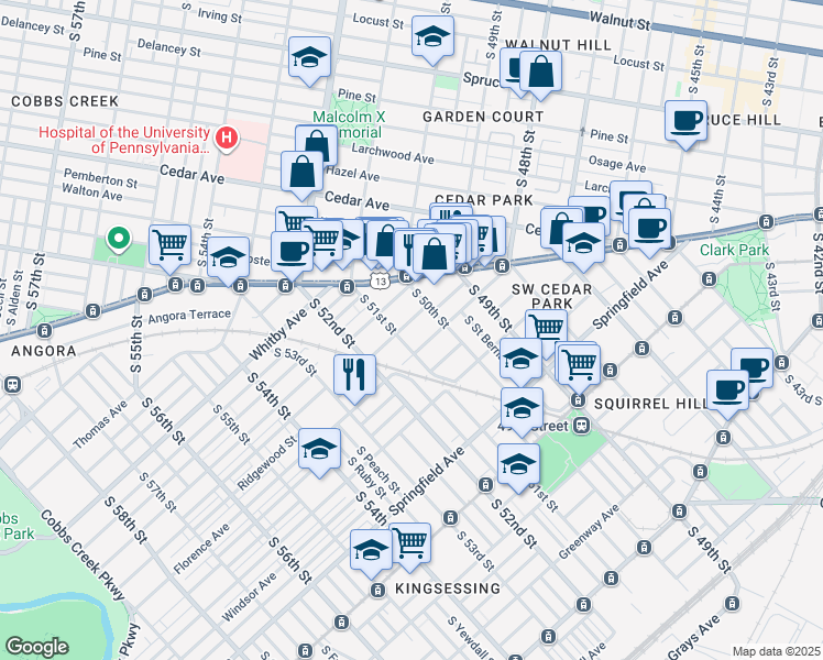 map of restaurants, bars, coffee shops, grocery stores, and more near 819 South 51st Street in Philadelphia
