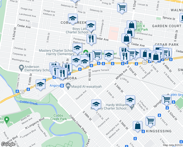 map of restaurants, bars, coffee shops, grocery stores, and more near 5504 Angora Terrace in Philadelphia