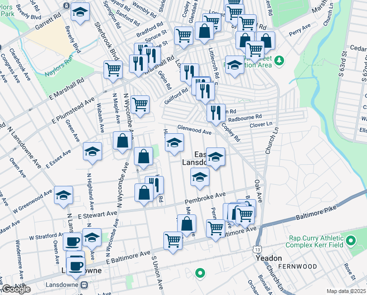 map of restaurants, bars, coffee shops, grocery stores, and more near 226 Lexington Avenue in Lansdowne
