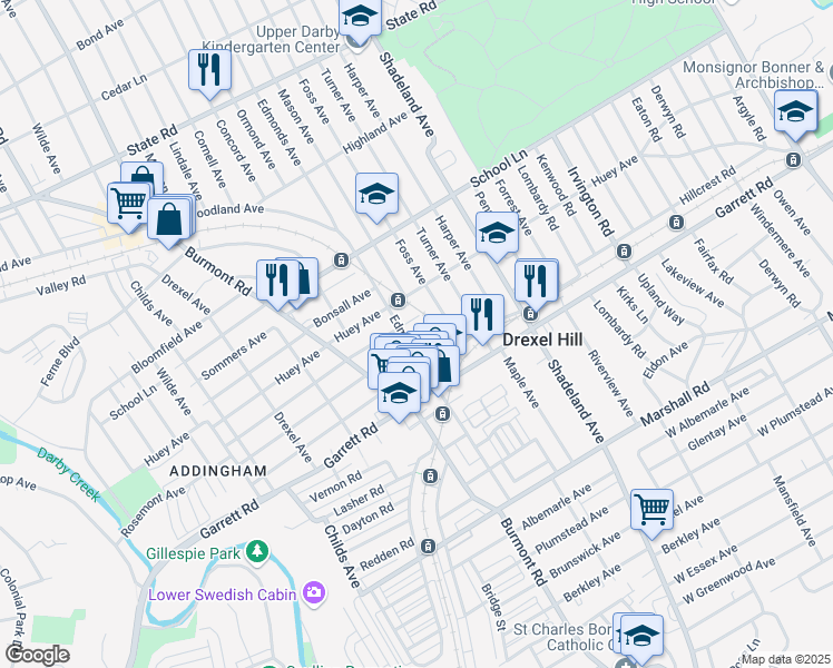 map of restaurants, bars, coffee shops, grocery stores, and more near 3647 Rosemont Avenue in Drexel Hill