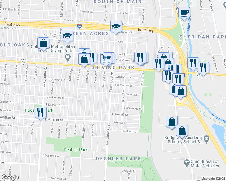 map of restaurants, bars, coffee shops, grocery stores, and more near 1650 Forest Street in Columbus