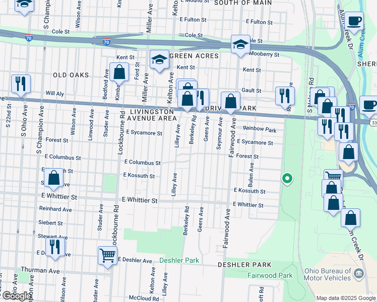 map of restaurants, bars, coffee shops, grocery stores, and more near 1478 Forest Street in Columbus
