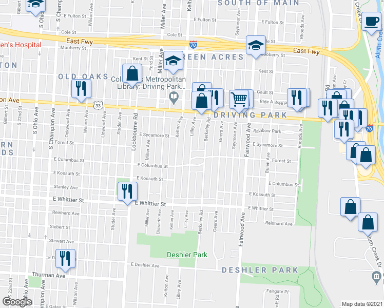 map of restaurants, bars, coffee shops, grocery stores, and more near 981 Lilley Avenue in Columbus