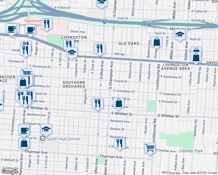map of restaurants, bars, coffee shops, grocery stores, and more near 913 South Champion Avenue in Columbus