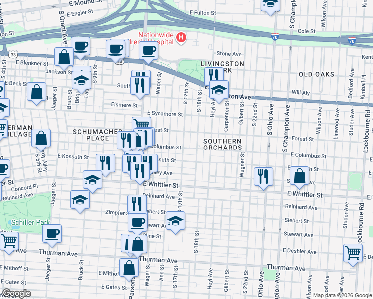 map of restaurants, bars, coffee shops, grocery stores, and more near 701 East Columbus Street in Columbus