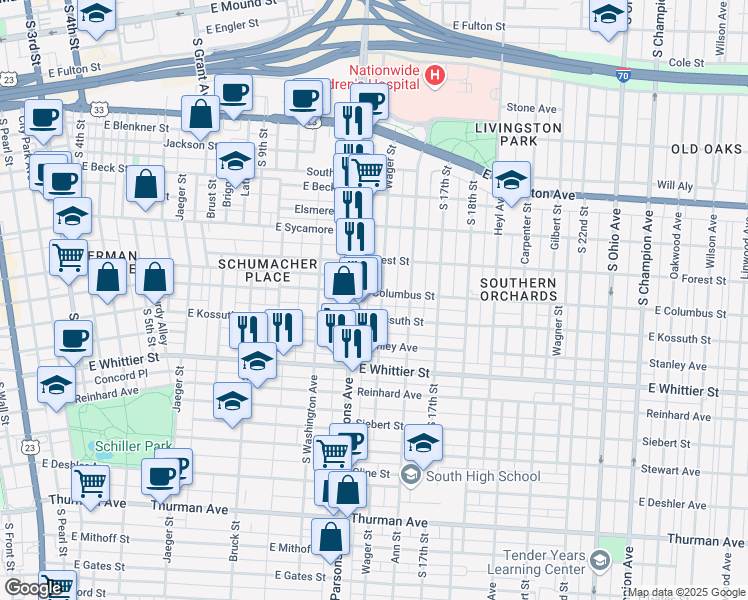 map of restaurants, bars, coffee shops, grocery stores, and more near 595 East Columbus Street in Columbus