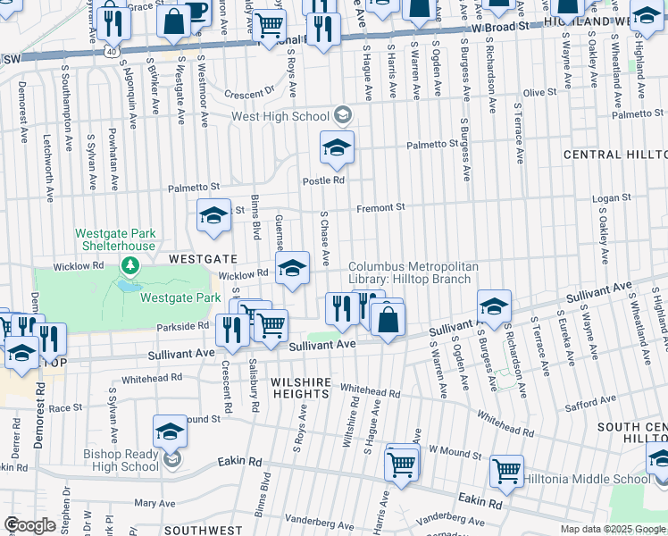 map of restaurants, bars, coffee shops, grocery stores, and more near 397 South Chase Avenue in Columbus