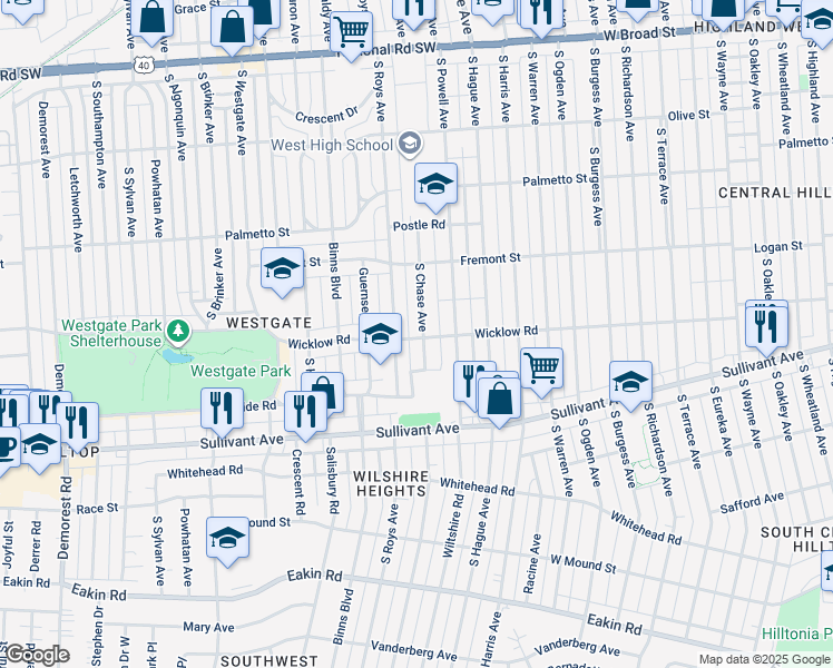 map of restaurants, bars, coffee shops, grocery stores, and more near 397 South Chase Avenue in Columbus