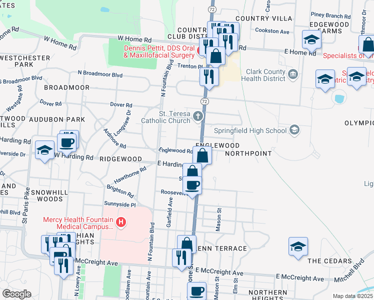 map of restaurants, bars, coffee shops, grocery stores, and more near 1736 Stratford Place in Springfield