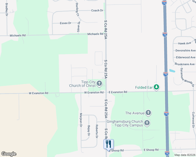 map of restaurants, bars, coffee shops, grocery stores, and more near 105 West Evanston Road in Tipp City