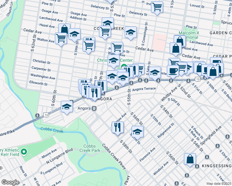 map of restaurants, bars, coffee shops, grocery stores, and more near 5601 Angora Terrace in Philadelphia
