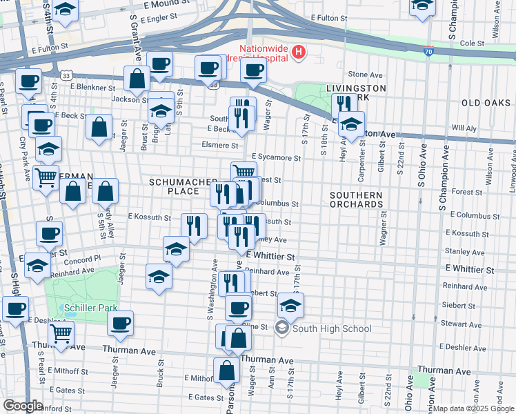 map of restaurants, bars, coffee shops, grocery stores, and more near 595 East Columbus Street in Columbus