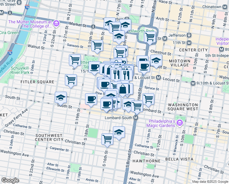 map of restaurants, bars, coffee shops, grocery stores, and more near 340 South 16th Street in Philadelphia