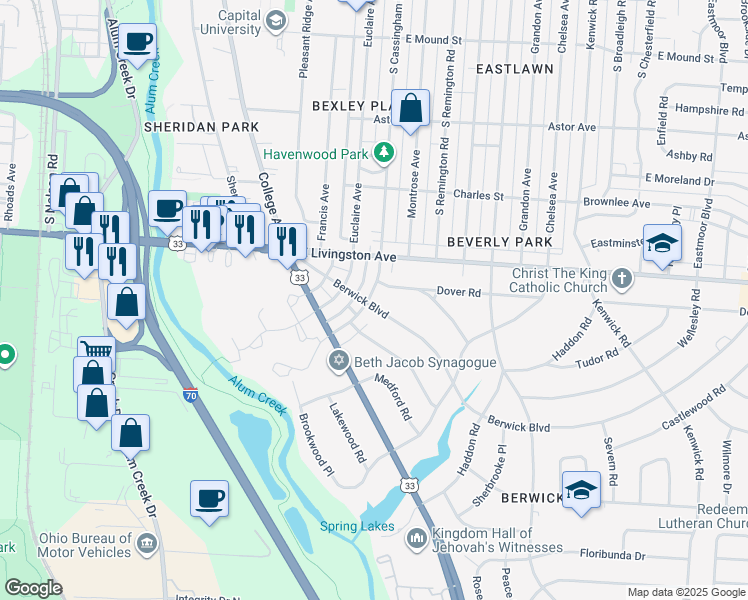 map of restaurants, bars, coffee shops, grocery stores, and more near 2374 Berwick Boulevard in Columbus