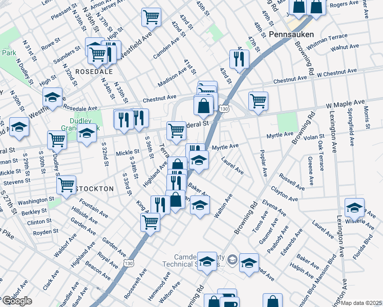 map of restaurants, bars, coffee shops, grocery stores, and more near 4616 Woodland Avenue in Pennsauken