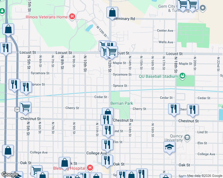 map of restaurants, bars, coffee shops, grocery stores, and more near 1232 North 12th Street in Quincy