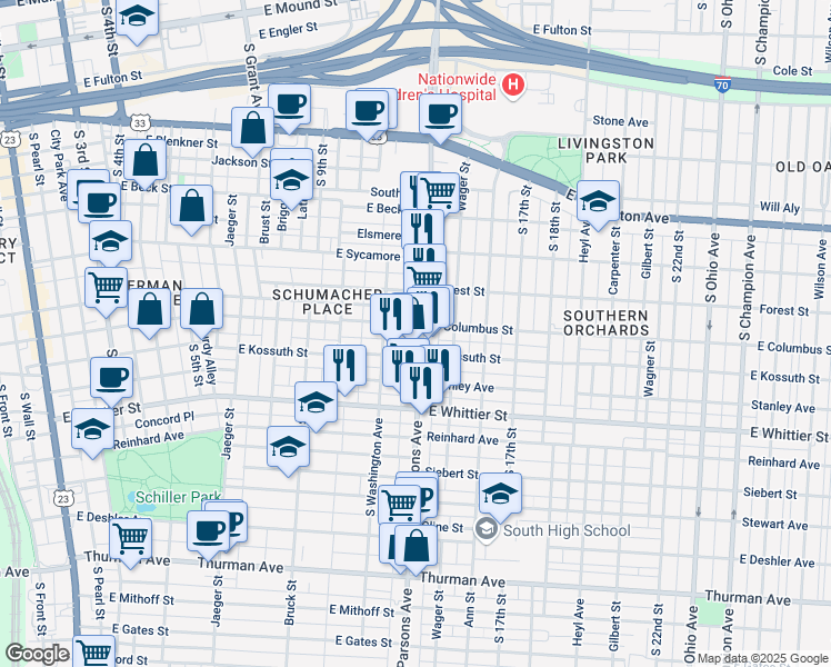 map of restaurants, bars, coffee shops, grocery stores, and more near 845 Parsons Avenue in Columbus