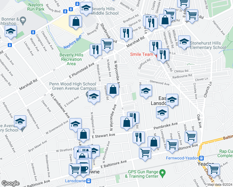 map of restaurants, bars, coffee shops, grocery stores, and more near 123 Powelton Avenue in Lansdowne