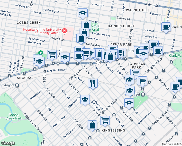 map of restaurants, bars, coffee shops, grocery stores, and more near 773 South 52nd Street in Philadelphia