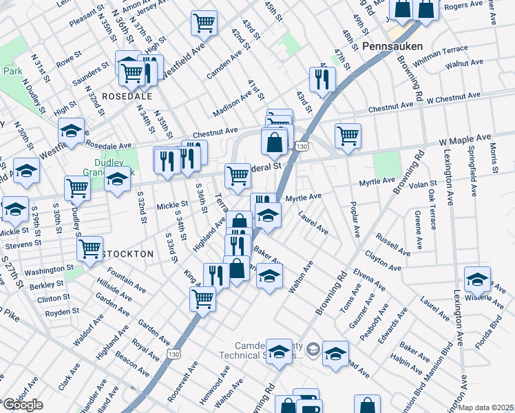 map of restaurants, bars, coffee shops, grocery stores, and more near 4616 Woodland Avenue in Pennsauken
