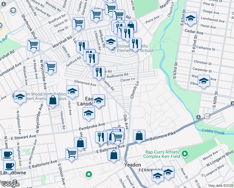 map of restaurants, bars, coffee shops, grocery stores, and more near 7138 Stockley Road in Delaware County