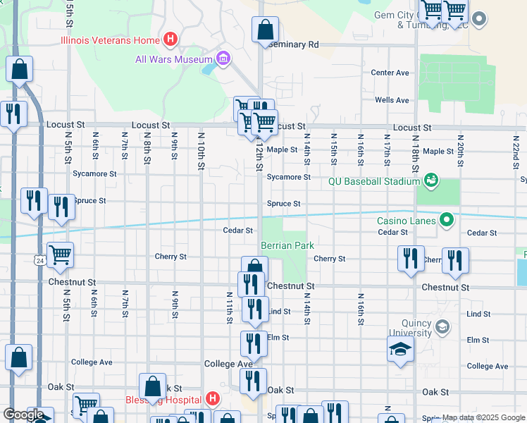 map of restaurants, bars, coffee shops, grocery stores, and more near 1232 North 12th Street in Quincy