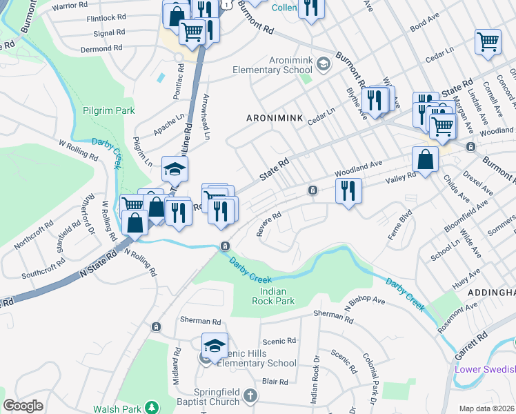 map of restaurants, bars, coffee shops, grocery stores, and more near 4936 Woodland Avenue in Drexel Hill