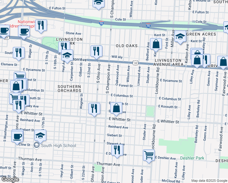 map of restaurants, bars, coffee shops, grocery stores, and more near 927 Oakwood Avenue in Columbus