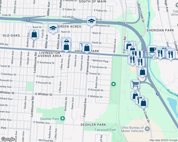 map of restaurants, bars, coffee shops, grocery stores, and more near 1004 Fairwood Avenue in Columbus