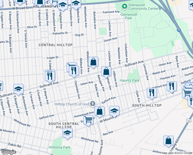 map of restaurants, bars, coffee shops, grocery stores, and more near 451 Belvidere Avenue in Columbus