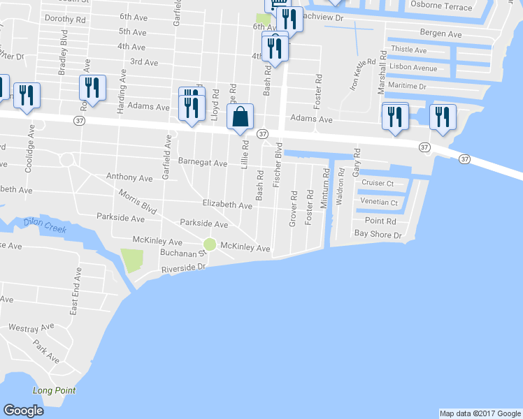 map of restaurants, bars, coffee shops, grocery stores, and more near 201 Bash Road in Toms River