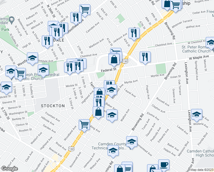 map of restaurants, bars, coffee shops, grocery stores, and more near 4614 Woodland Avenue in Pennsauken Township