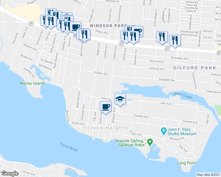 map of restaurants, bars, coffee shops, grocery stores, and more near 139 Central Avenue in Island Heights