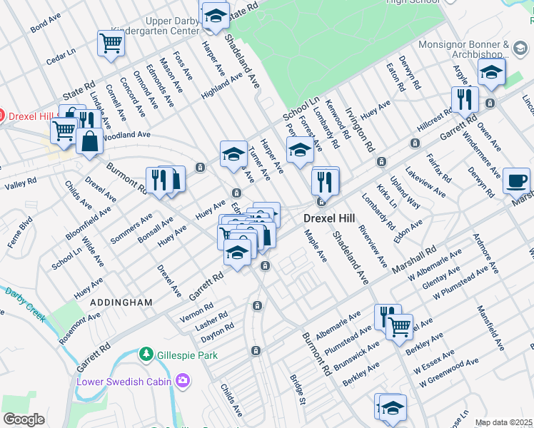 map of restaurants, bars, coffee shops, grocery stores, and more near 3624 Rosemont Avenue in Drexel Hill